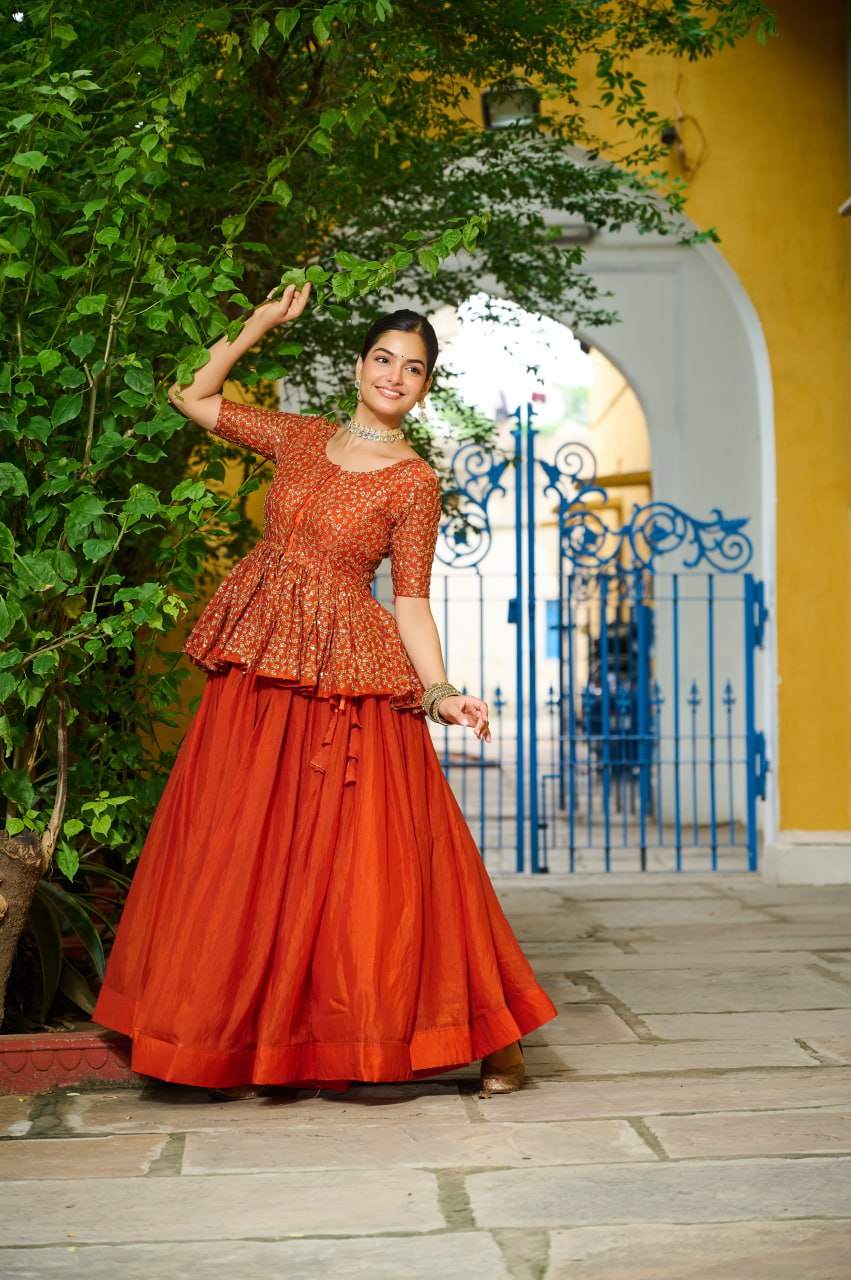 Fendy Fabric Sequins Embroidered Blouse with Plain Flared Orange Lehenga – Elegant Partywear Set (Full-Stitched)
