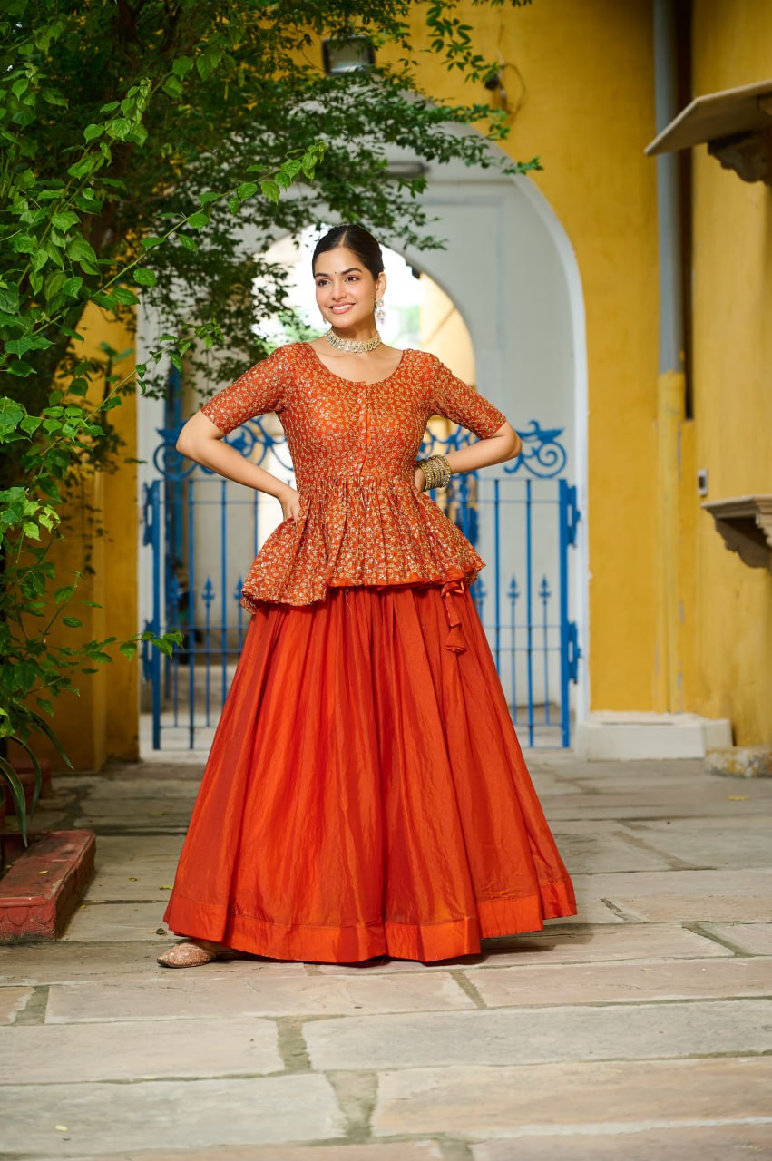 Fendy Fabric Sequins Embroidered Blouse with Plain Flared Orange Lehenga – Elegant Partywear Set (Full-Stitched)