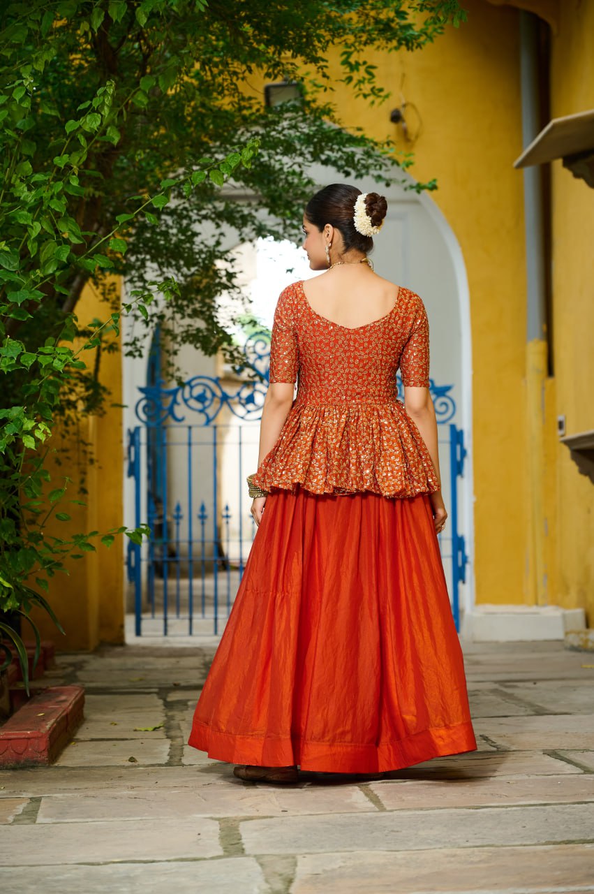 Fendy Fabric Sequins Embroidered Blouse with Plain Flared Orange Lehenga – Elegant Partywear Set (Full-Stitched)