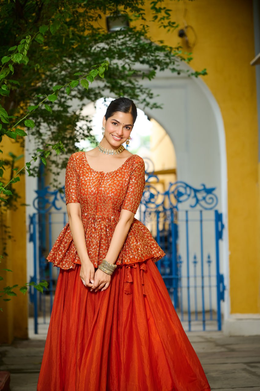 Fendy Fabric Sequins Embroidered Blouse with Plain Flared Orange Lehenga – Elegant Partywear Set (Full-Stitched)