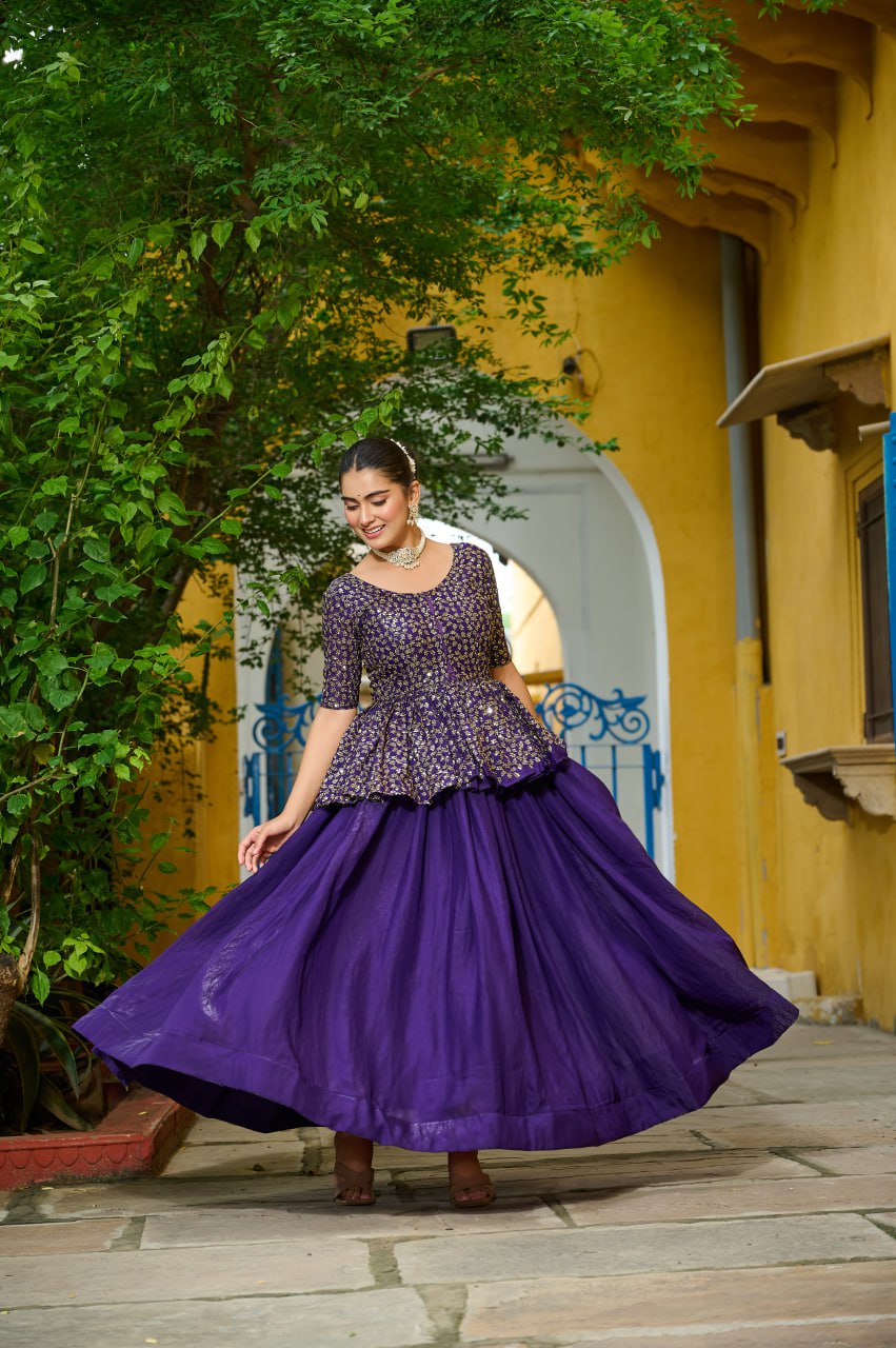 Fendy Fabric Sequins Embroidered Blouse with Plain Flared Purple Lehenga – Elegant Partywear Set (Full-Stitched)