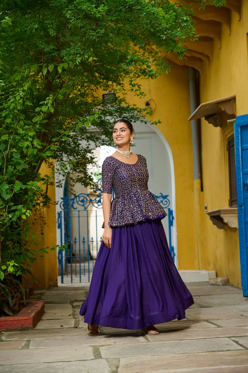 Fendy Fabric Sequins Embroidered Blouse with Plain Flared Purple Lehenga – Elegant Partywear Set (Full-Stitched)