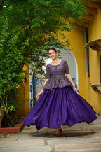 Fendy Fabric Sequins Embroidered Blouse with Plain Flared Purple Lehenga – Elegant Partywear Set (Full-Stitched)