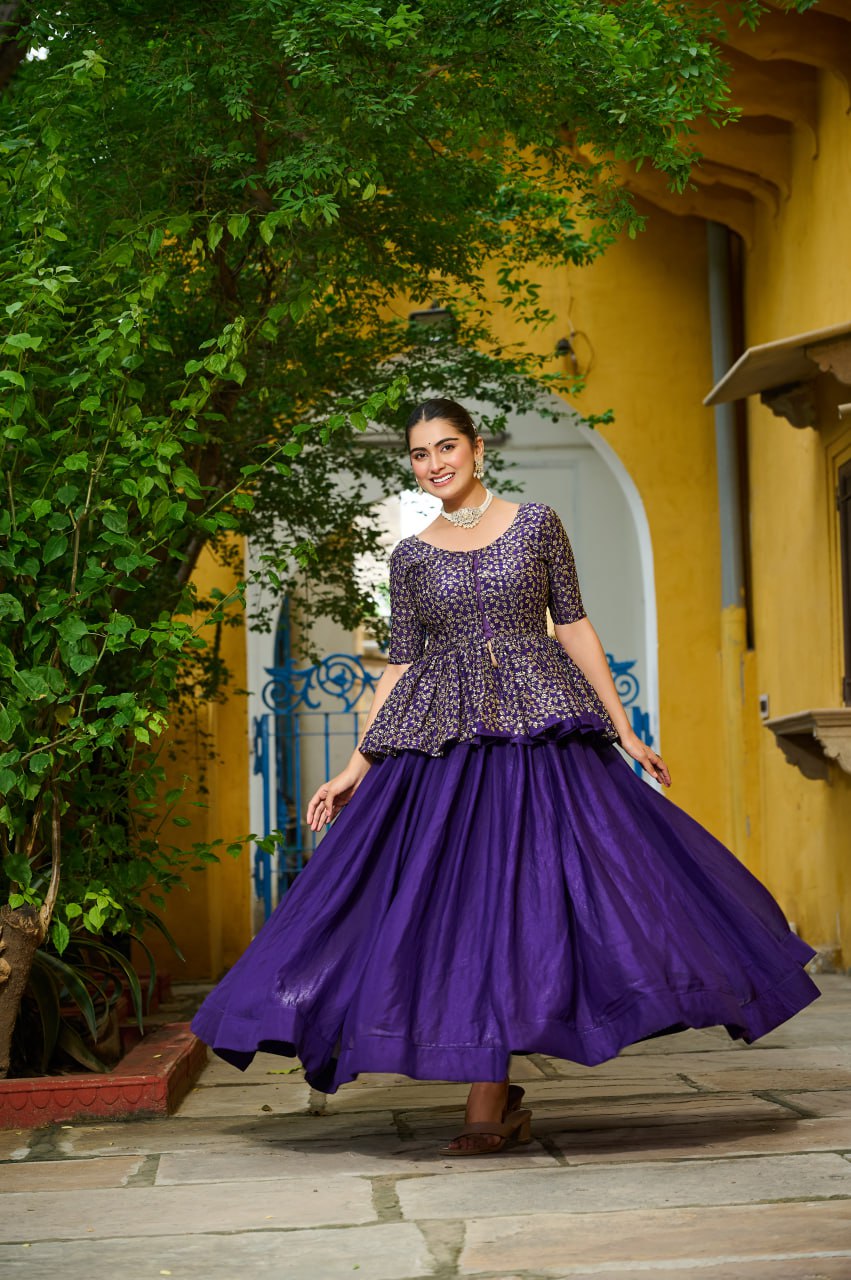 Fendy Fabric Sequins Embroidered Blouse with Plain Flared Purple Lehenga – Elegant Partywear Set (Full-Stitched)