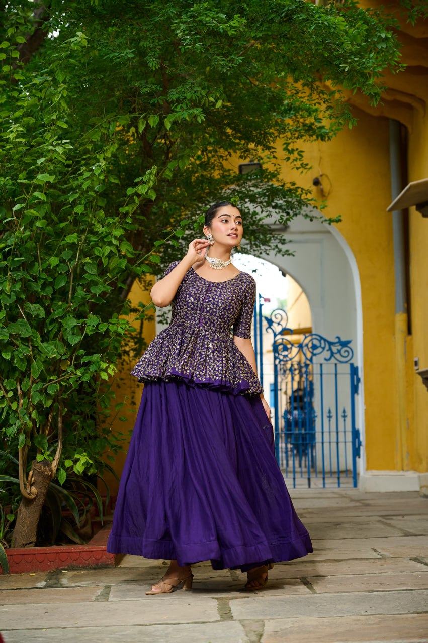 Fendy Fabric Sequins Embroidered Blouse with Plain Flared Purple Lehenga – Elegant Partywear Set (Full-Stitched)