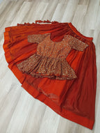 Fendy Fabric Sequins Embroidered Blouse with Plain Flared Orange Lehenga – Elegant Partywear Set (Full-Stitched)