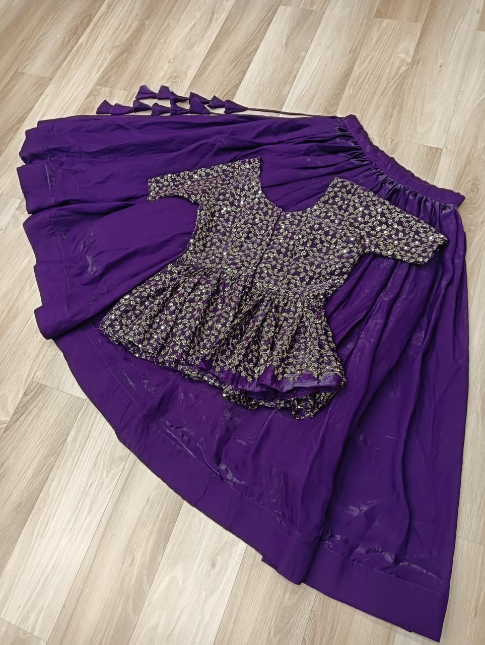 Fendy Fabric Sequins Embroidered Blouse with Plain Flared Purple Lehenga – Elegant Partywear Set (Full-Stitched)