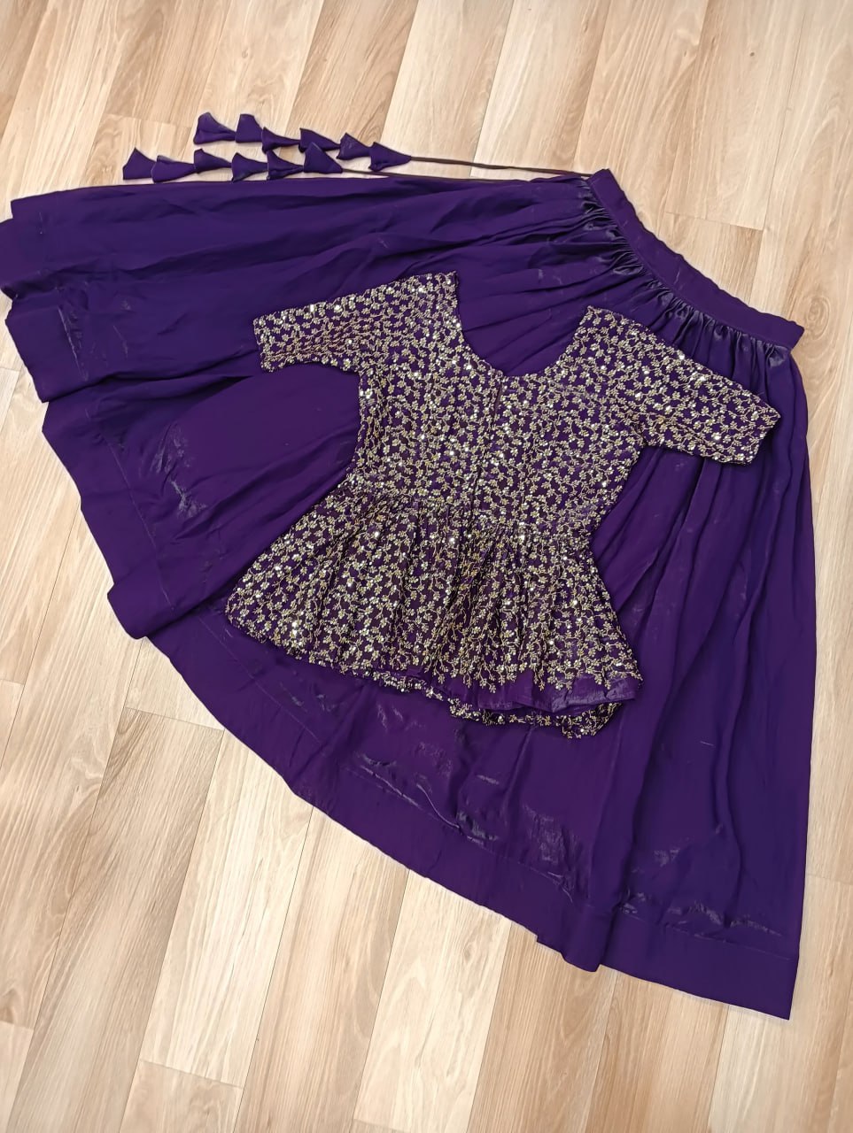 Fendy Fabric Sequins Embroidered Blouse with Plain Flared Purple Lehenga – Elegant Partywear Set (Full-Stitched)
