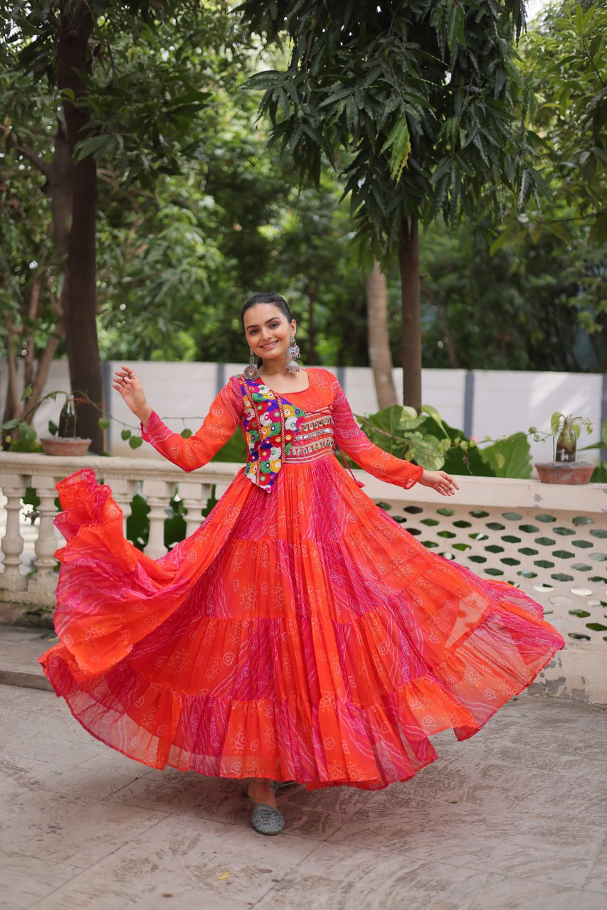 Orange Faux Georgette Gown with Laheriya & Bandhej Print and Kutchi Patch Work – Elegant Ethnic Wear (User can adjust From 38" to 44" for your body comfort)