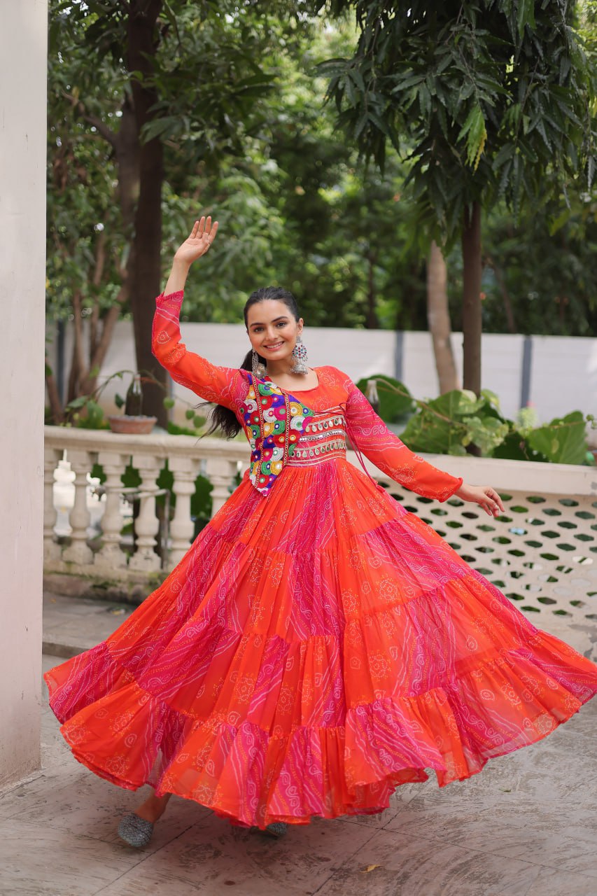 Orange Faux Georgette Gown with Laheriya & Bandhej Print and Kutchi Patch Work – Elegant Ethnic Wear (User can adjust From 38" to 44" for your body comfort)