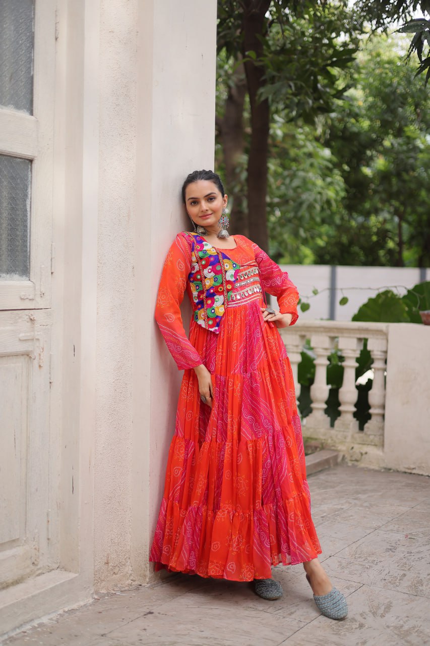 Orange Faux Georgette Gown with Laheriya & Bandhej Print and Kutchi Patch Work – Elegant Ethnic Wear (User can adjust From 38" to 44" for your body comfort)