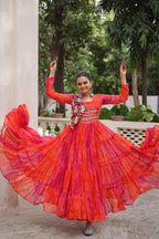 Orange Faux Georgette Gown with Laheriya & Bandhej Print and Kutchi Patch Work – Elegant Ethnic Wear (User can adjust From 38" to 44" for your body comfort)