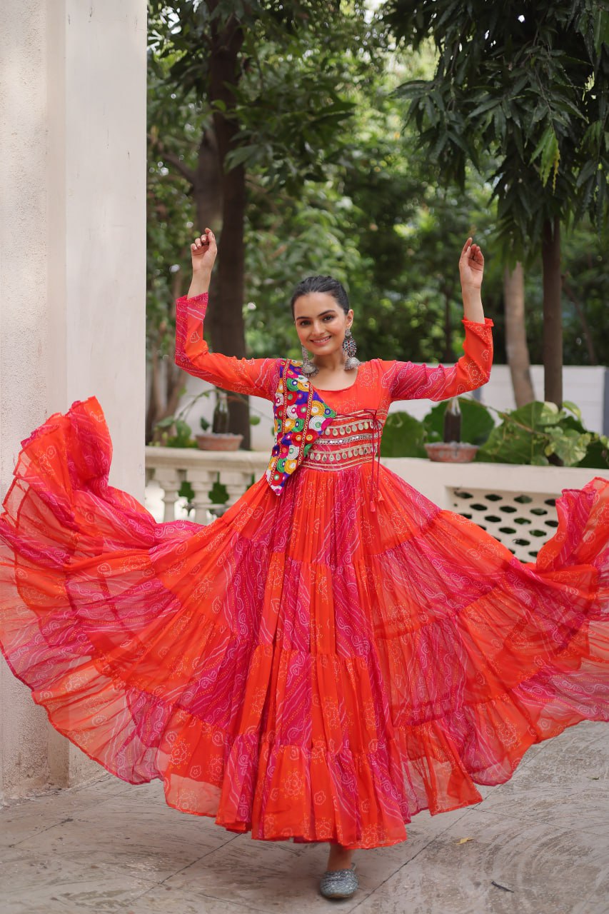 Orange Faux Georgette Gown with Laheriya & Bandhej Print and Kutchi Patch Work – Elegant Ethnic Wear (User can adjust From 38" to 44" for your body comfort)