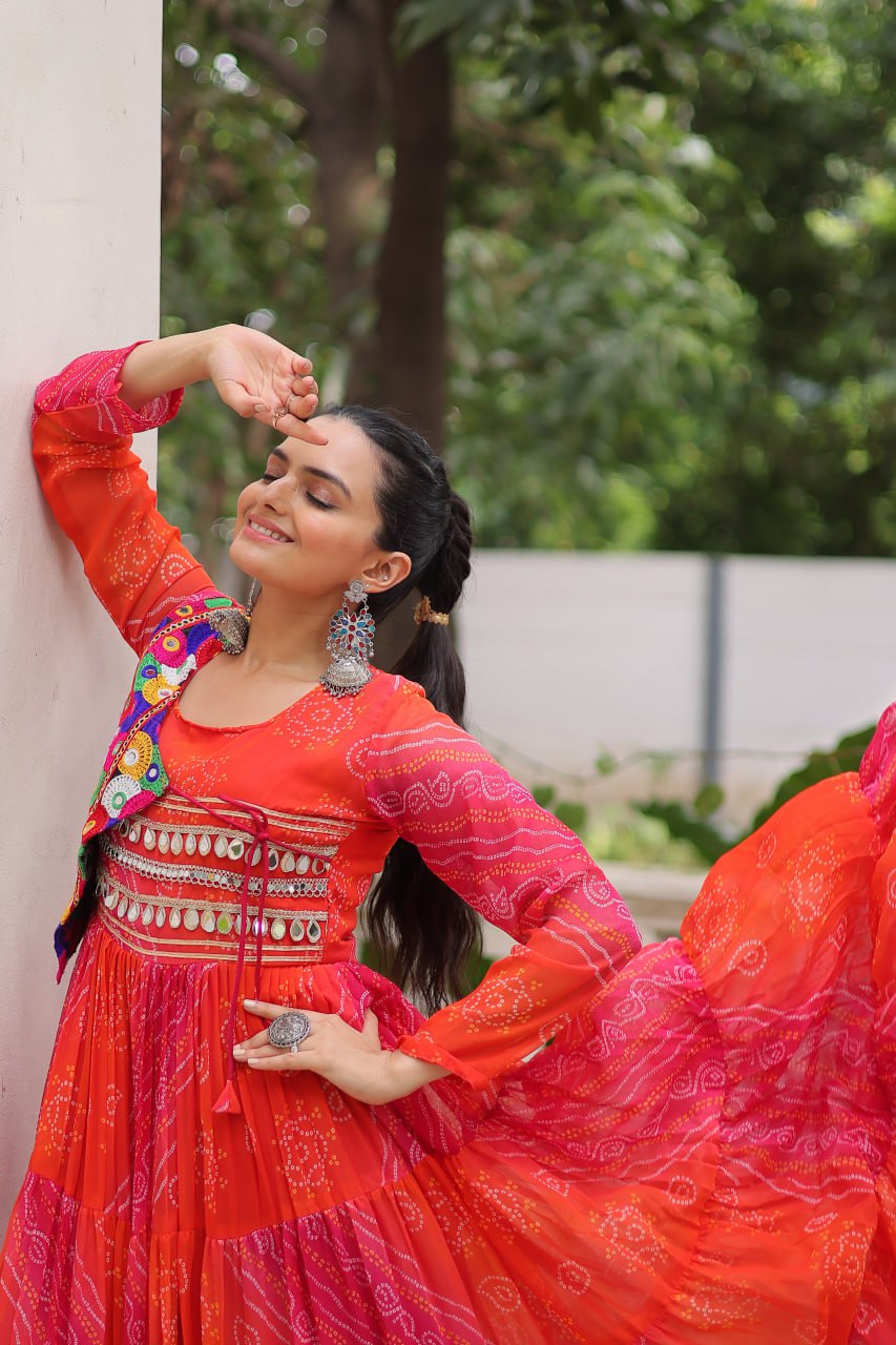 Orange Faux Georgette Gown with Laheriya & Bandhej Print and Kutchi Patch Work – Elegant Ethnic Wear (User can adjust From 38" to 44" for your body comfort)