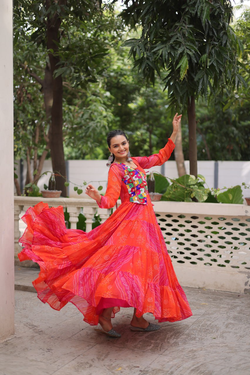 Orange Faux Georgette Gown with Laheriya & Bandhej Print and Kutchi Patch Work – Elegant Ethnic Wear (User can adjust From 38" to 44" for your body comfort)