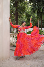 Orange Faux Georgette Gown with Laheriya & Bandhej Print and Kutchi Patch Work – Elegant Ethnic Wear (User can adjust From 38" to 44" for your body comfort)