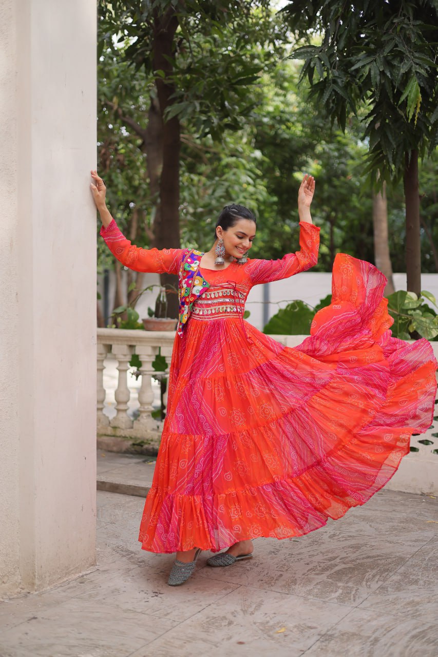 Orange Faux Georgette Gown with Laheriya & Bandhej Print and Kutchi Patch Work – Elegant Ethnic Wear (User can adjust From 38" to 44" for your body comfort)