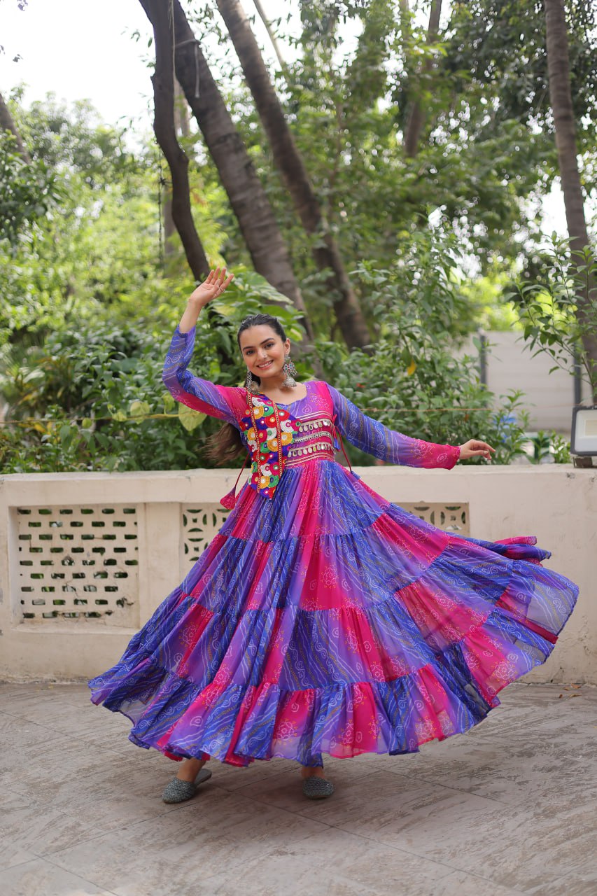 Navy Faux Georgette Gown with Laheriya & Bandhej Print and Kutchi Patch Work – Elegant Ethnic Wear (User can adjust From 38" to 44" for your body comfort)