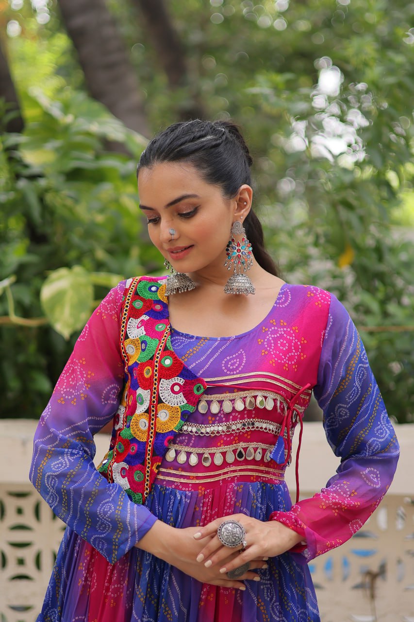 Navy Faux Georgette Gown with Laheriya & Bandhej Print and Kutchi Patch Work – Elegant Ethnic Wear (User can adjust From 38" to 44" for your body comfort)