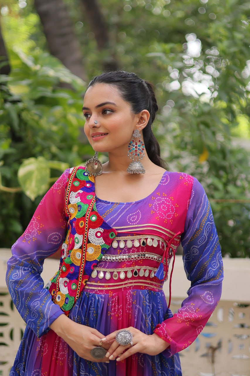 Navy Faux Georgette Gown with Laheriya & Bandhej Print and Kutchi Patch Work – Elegant Ethnic Wear (User can adjust From 38" to 44" for your body comfort)