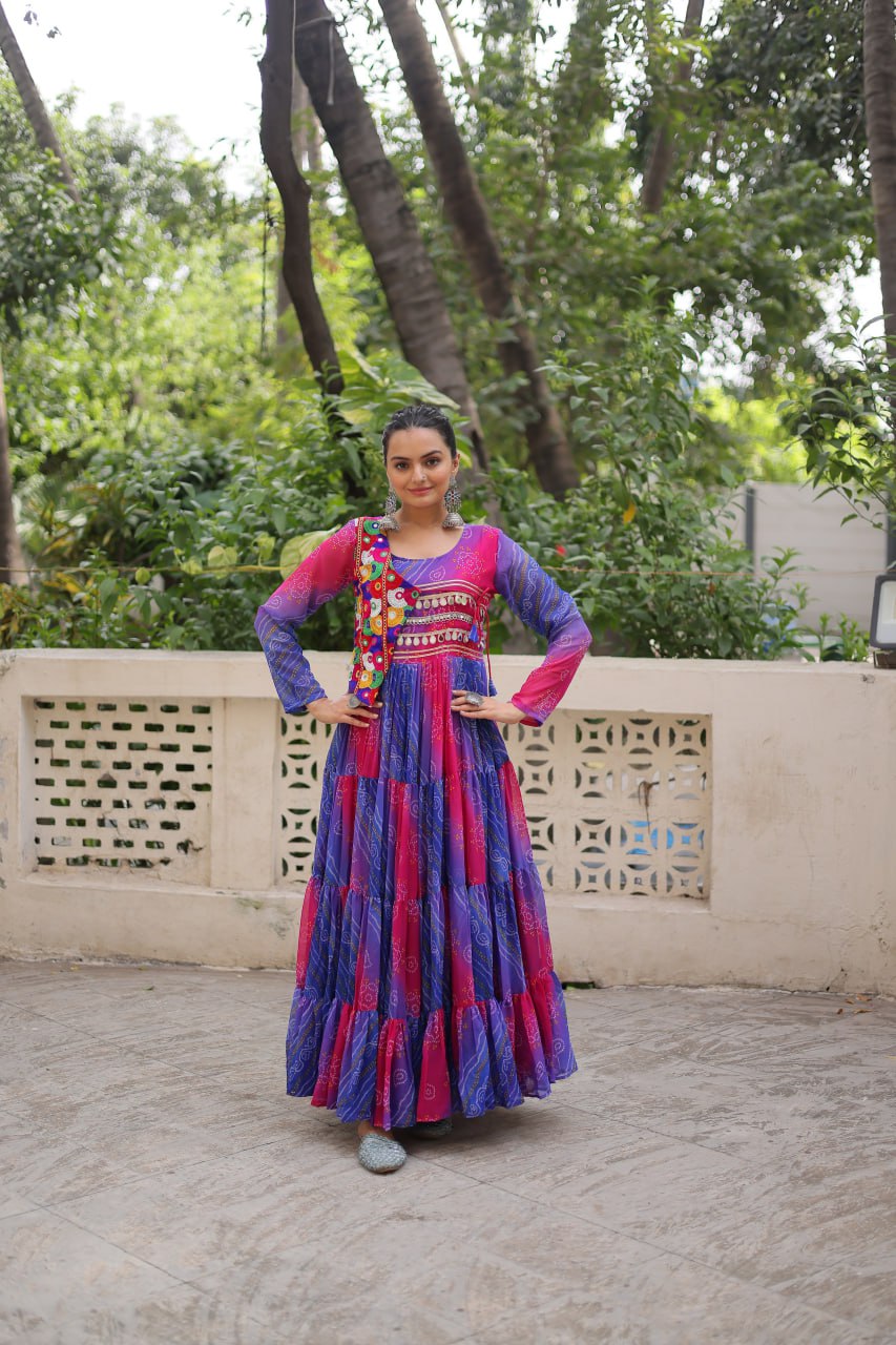 Navy Faux Georgette Gown with Laheriya & Bandhej Print and Kutchi Patch Work – Elegant Ethnic Wear (User can adjust From 38" to 44" for your body comfort)