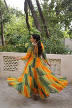 Mustard Faux Georgette Gown with Laheriya & Bandhej Print and Kutchi Patch Work – Elegant Ethnic Wear (User can adjust From 38" to 44" for your body comfort)