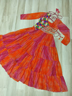 Orange Faux Georgette Gown with Laheriya & Bandhej Print and Kutchi Patch Work – Elegant Ethnic Wear (User can adjust From 38" to 44" for your body comfort)