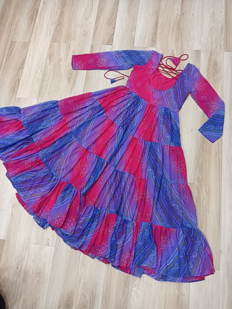 Navy Faux Georgette Gown with Laheriya & Bandhej Print and Kutchi Patch Work – Elegant Ethnic Wear (User can adjust From 38" to 44" for your body comfort)