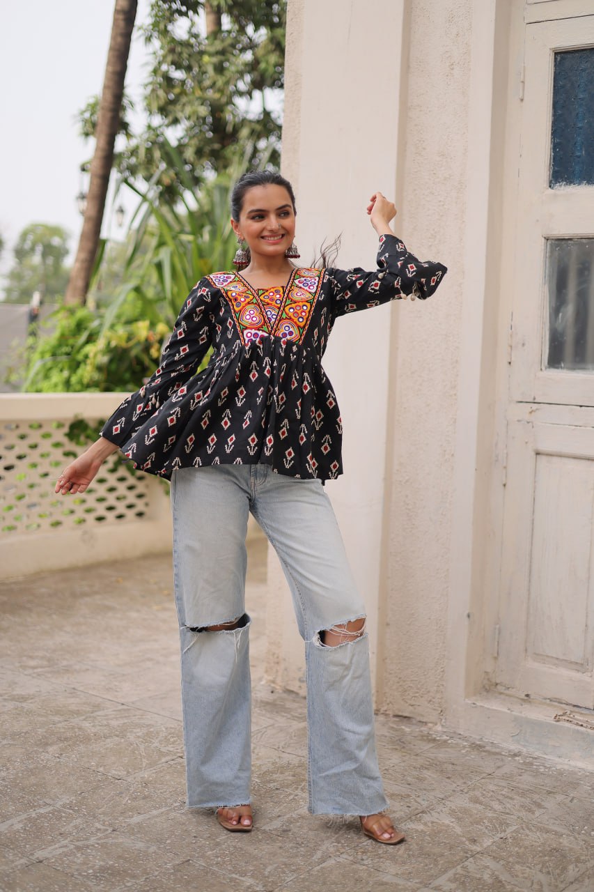 Cotton Kutchi Patch-Work Top – Full Sleeves | Adjustable Fit | Festive Wear
