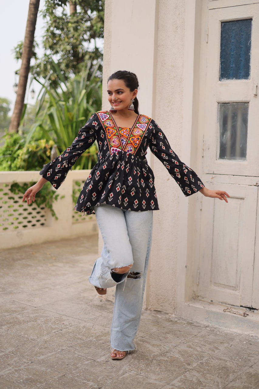 Cotton Kutchi Patch-Work Top – Full Sleeves | Adjustable Fit | Festive Wear