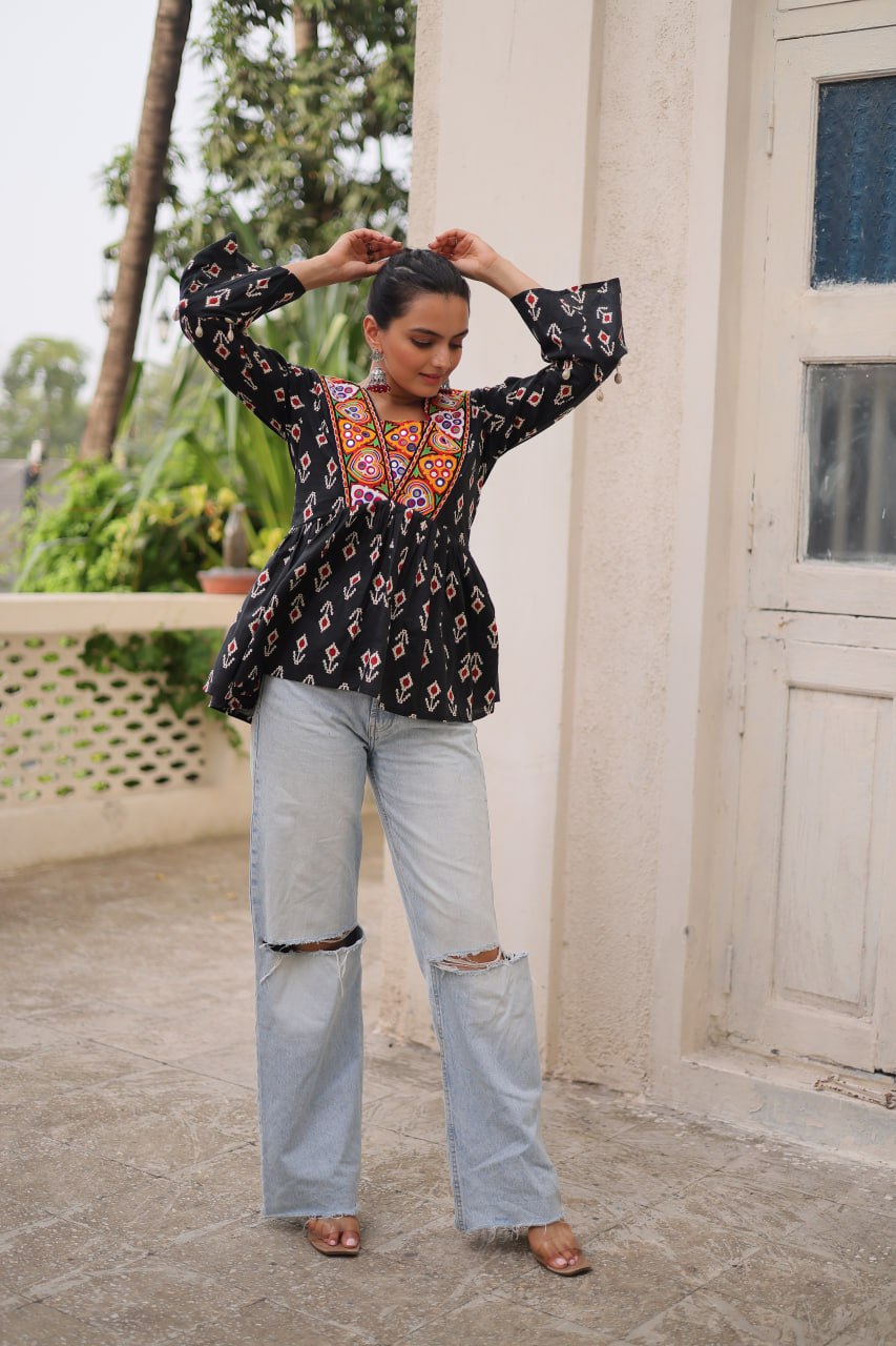 Cotton Kutchi Patch-Work Top – Full Sleeves | Adjustable Fit | Festive Wear