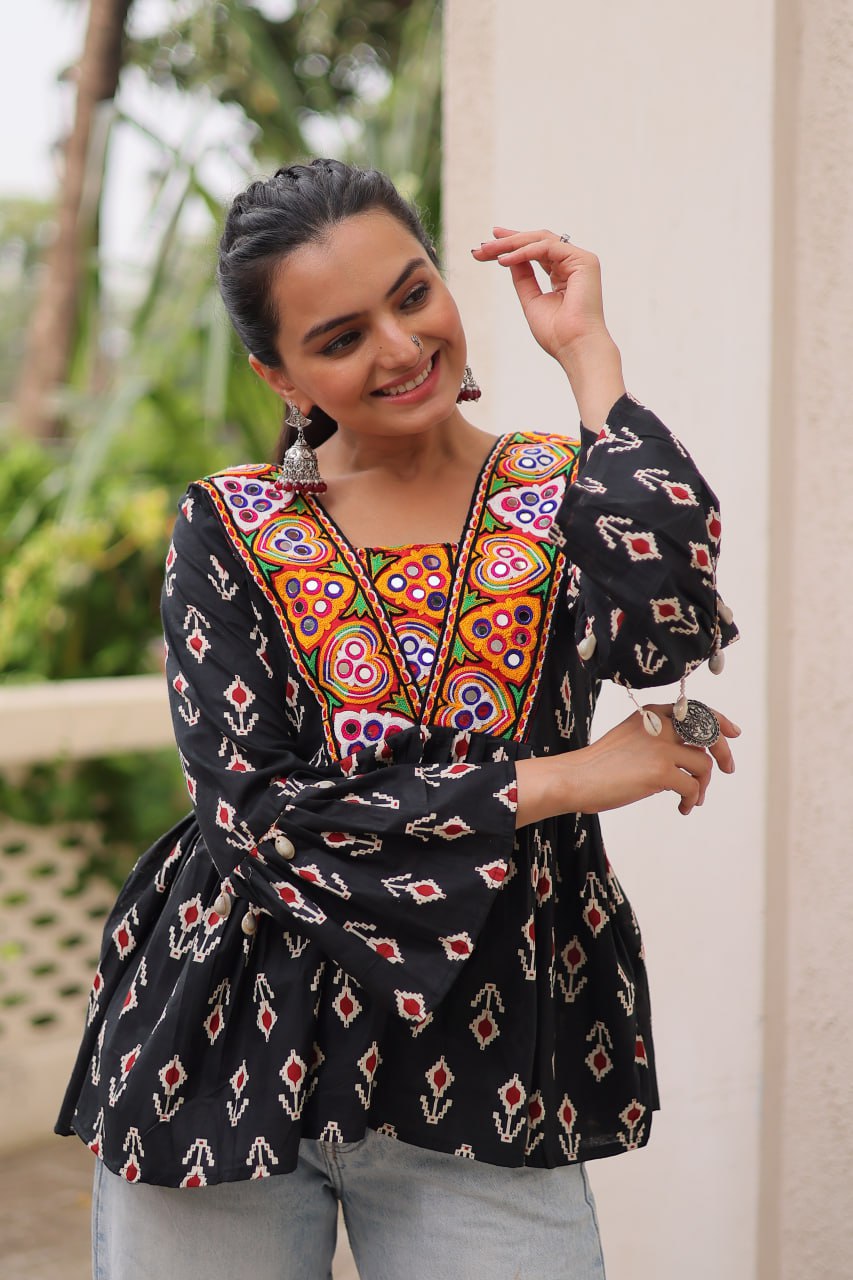 Cotton Kutchi Patch-Work Top – Full Sleeves | Adjustable Fit | Festive Wear
