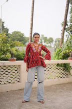 Cotton Kutchi Patch-Work Maroon Top – Full Sleeves | Adjustable Fit | Festive Wear