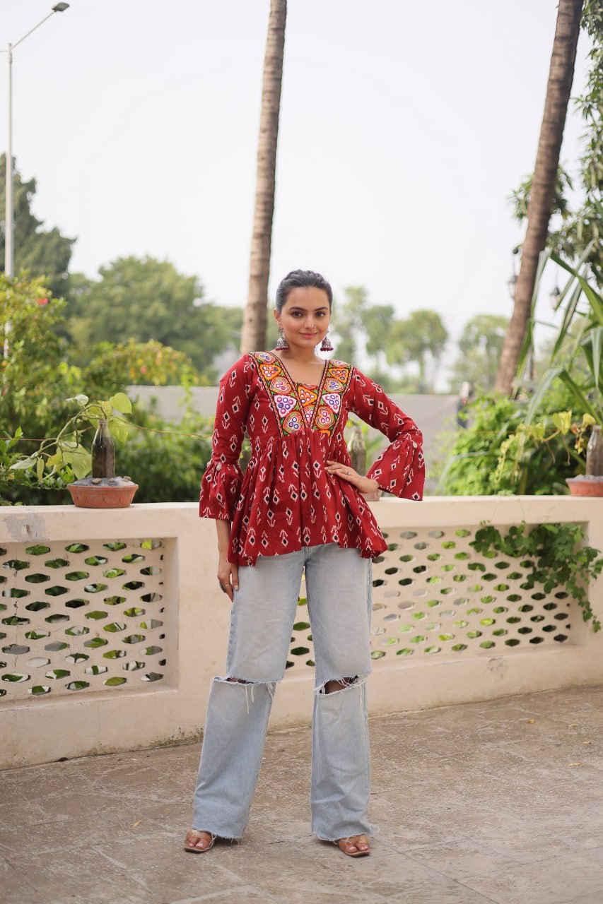 Cotton Kutchi Patch-Work Maroon Top – Full Sleeves | Adjustable Fit | Festive Wear