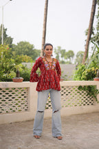 Cotton Kutchi Patch-Work Maroon Top – Full Sleeves | Adjustable Fit | Festive Wear