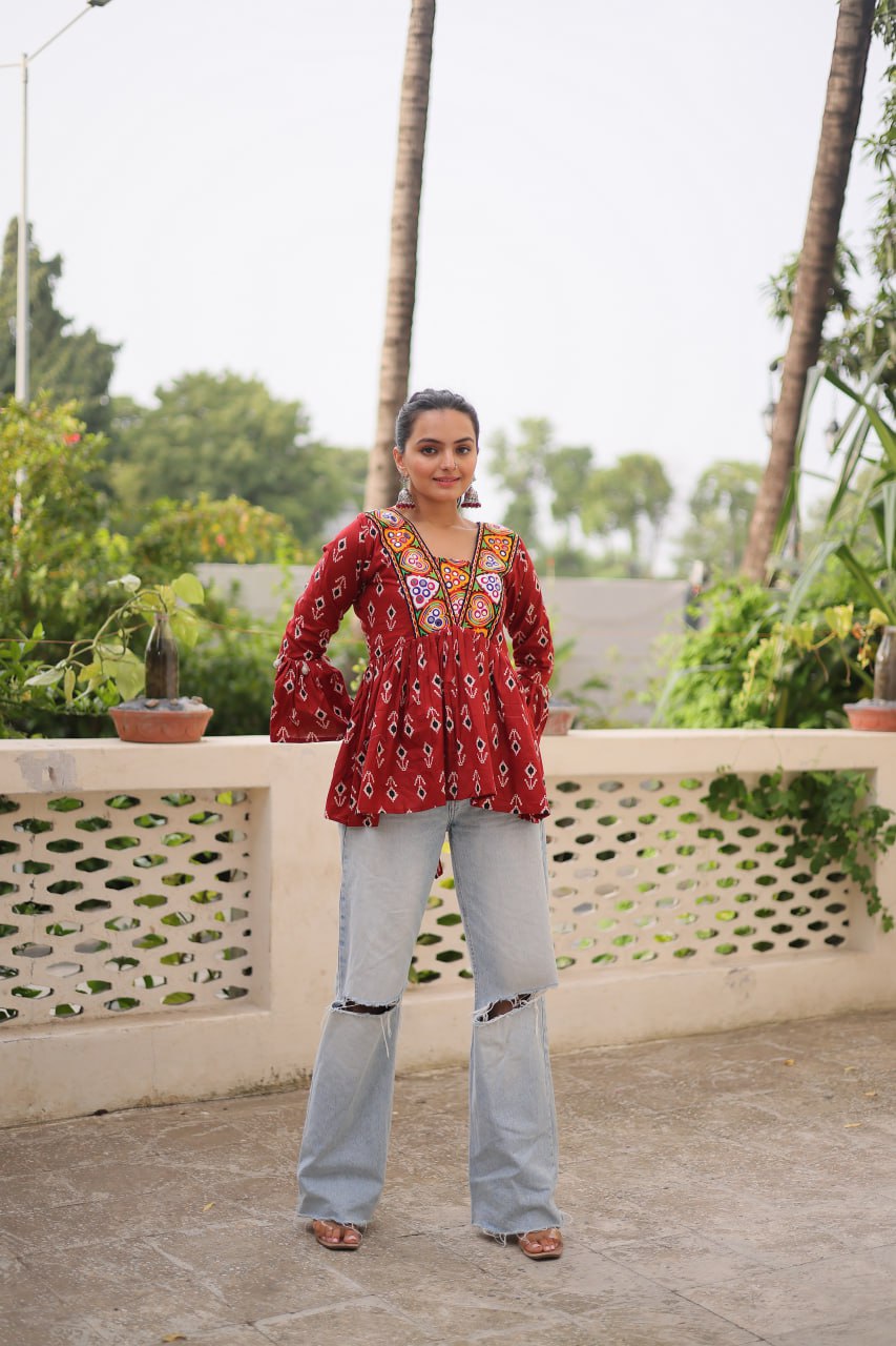 Cotton Kutchi Patch-Work Maroon Top – Full Sleeves | Adjustable Fit | Festive Wear
