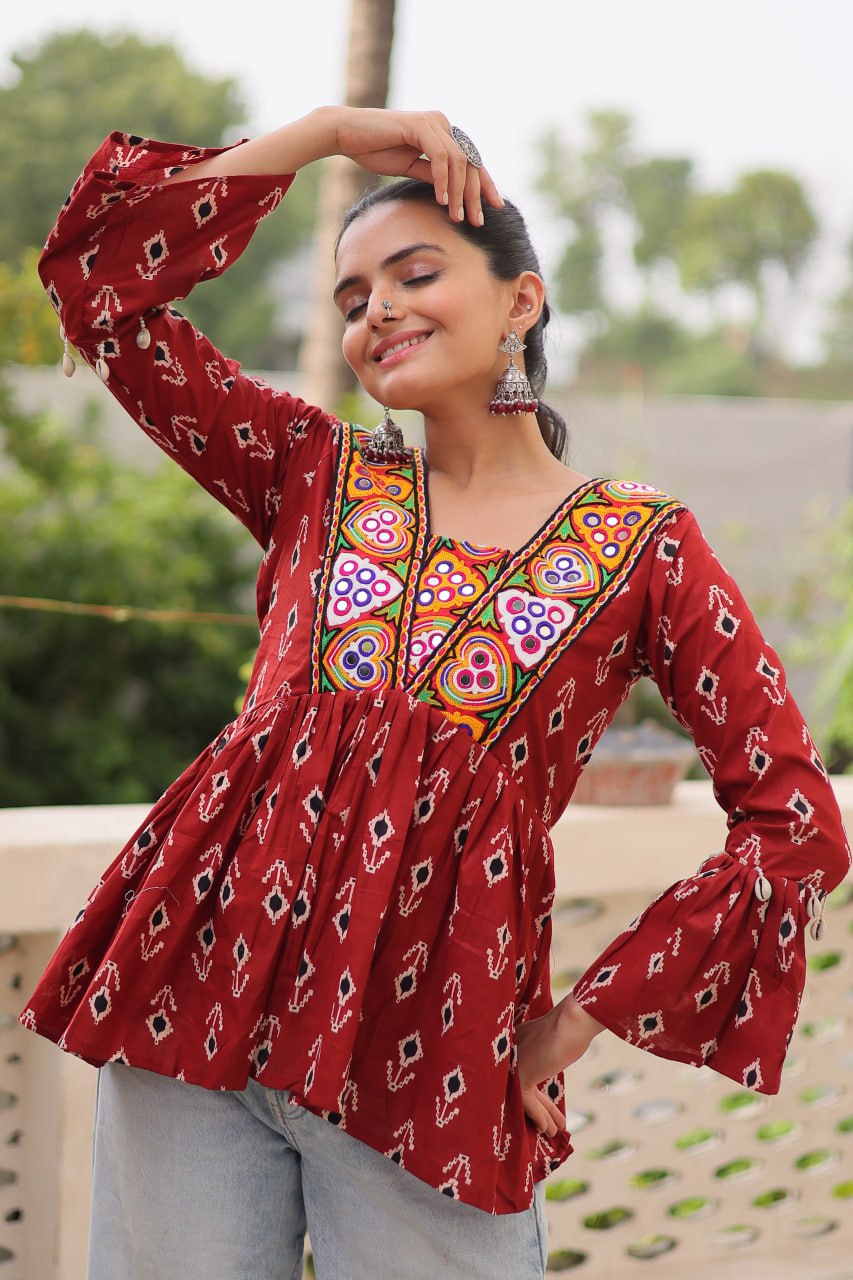 Cotton Kutchi Patch-Work Maroon Top – Full Sleeves | Adjustable Fit | Festive Wear