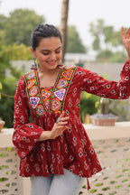 Cotton Kutchi Patch-Work Maroon Top – Full Sleeves | Adjustable Fit | Festive Wear