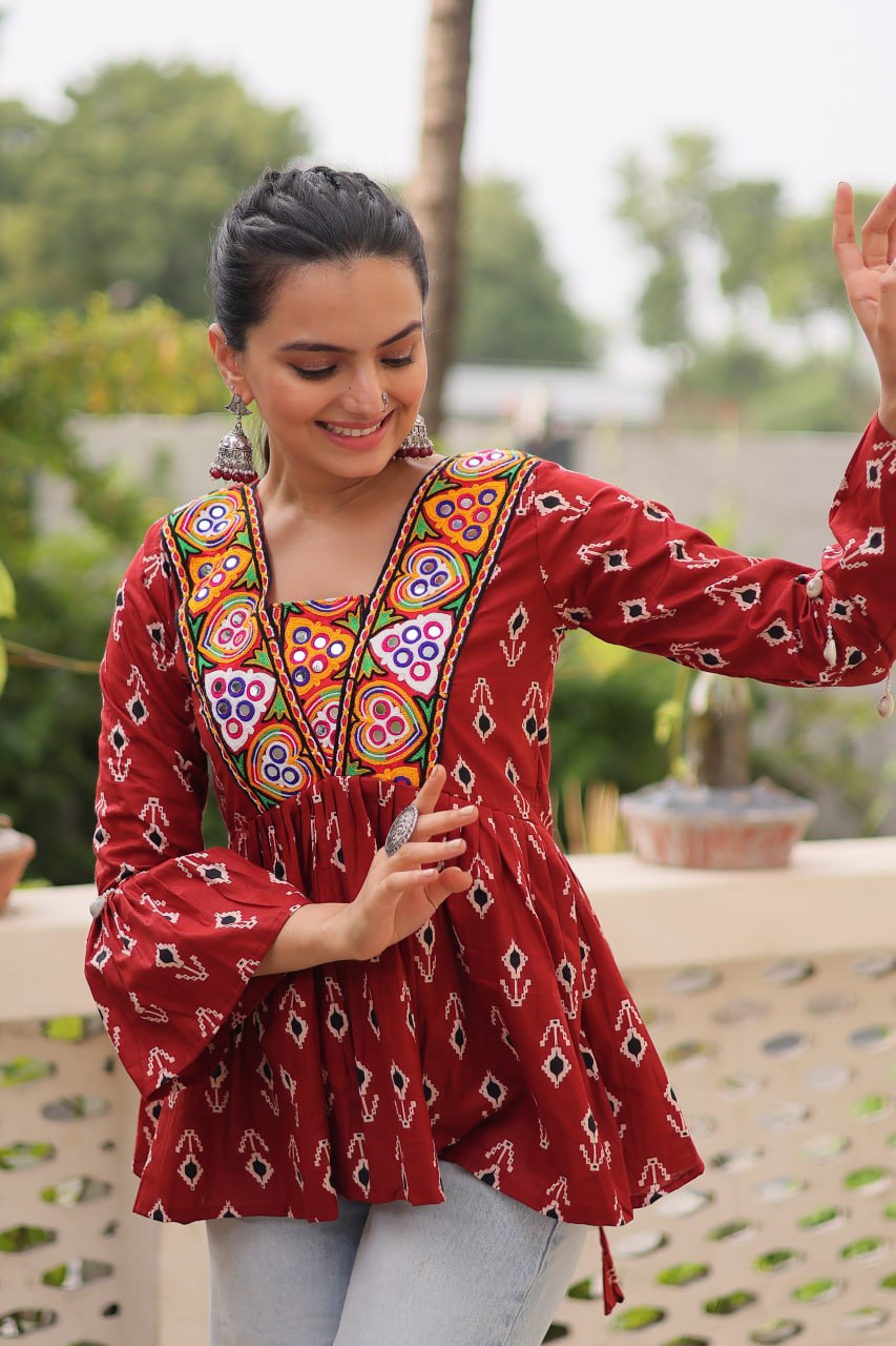 Cotton Kutchi Patch-Work Maroon Top – Full Sleeves | Adjustable Fit | Festive Wear
