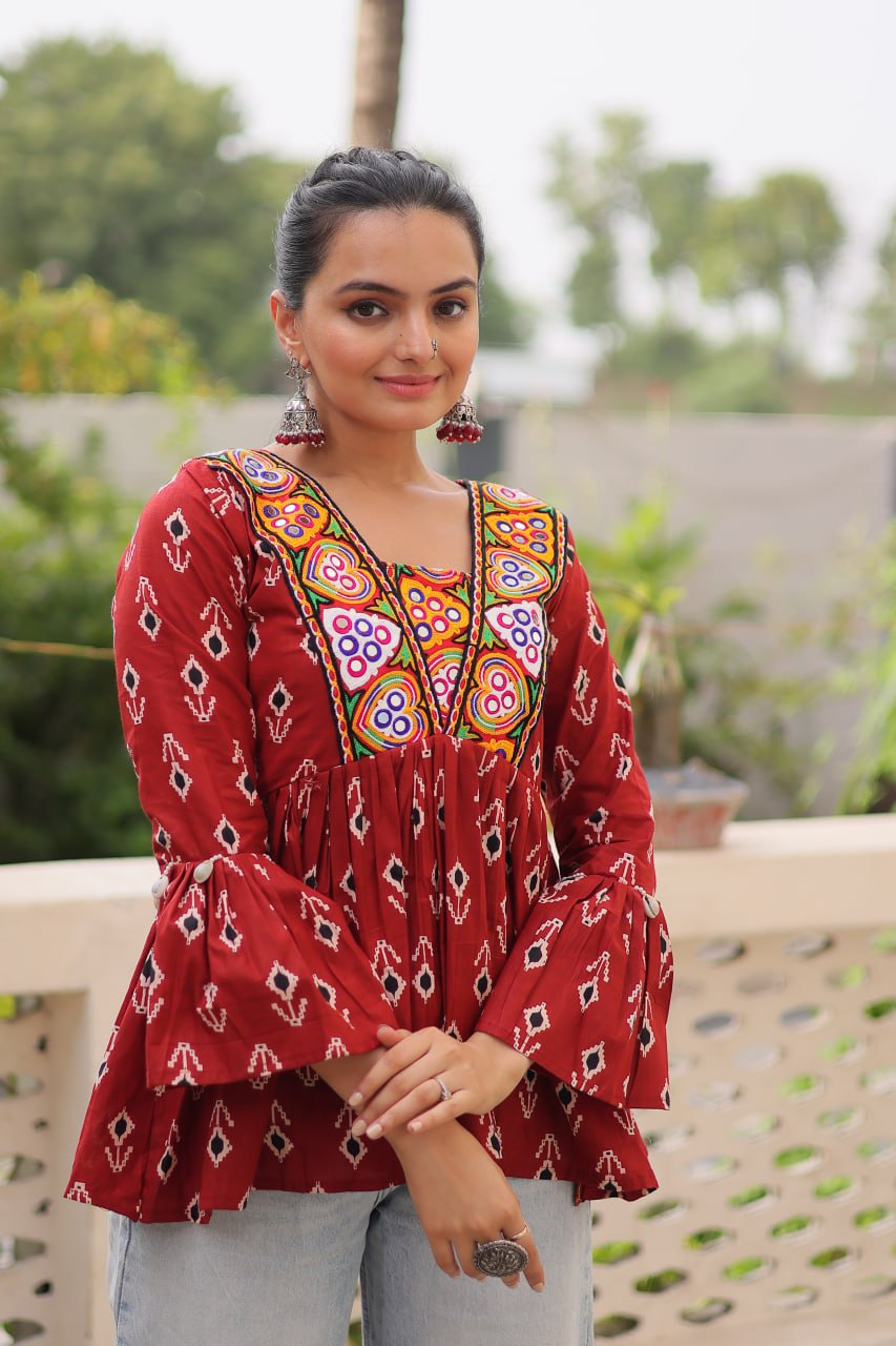 Cotton Kutchi Patch-Work Maroon Top – Full Sleeves | Adjustable Fit | Festive Wear