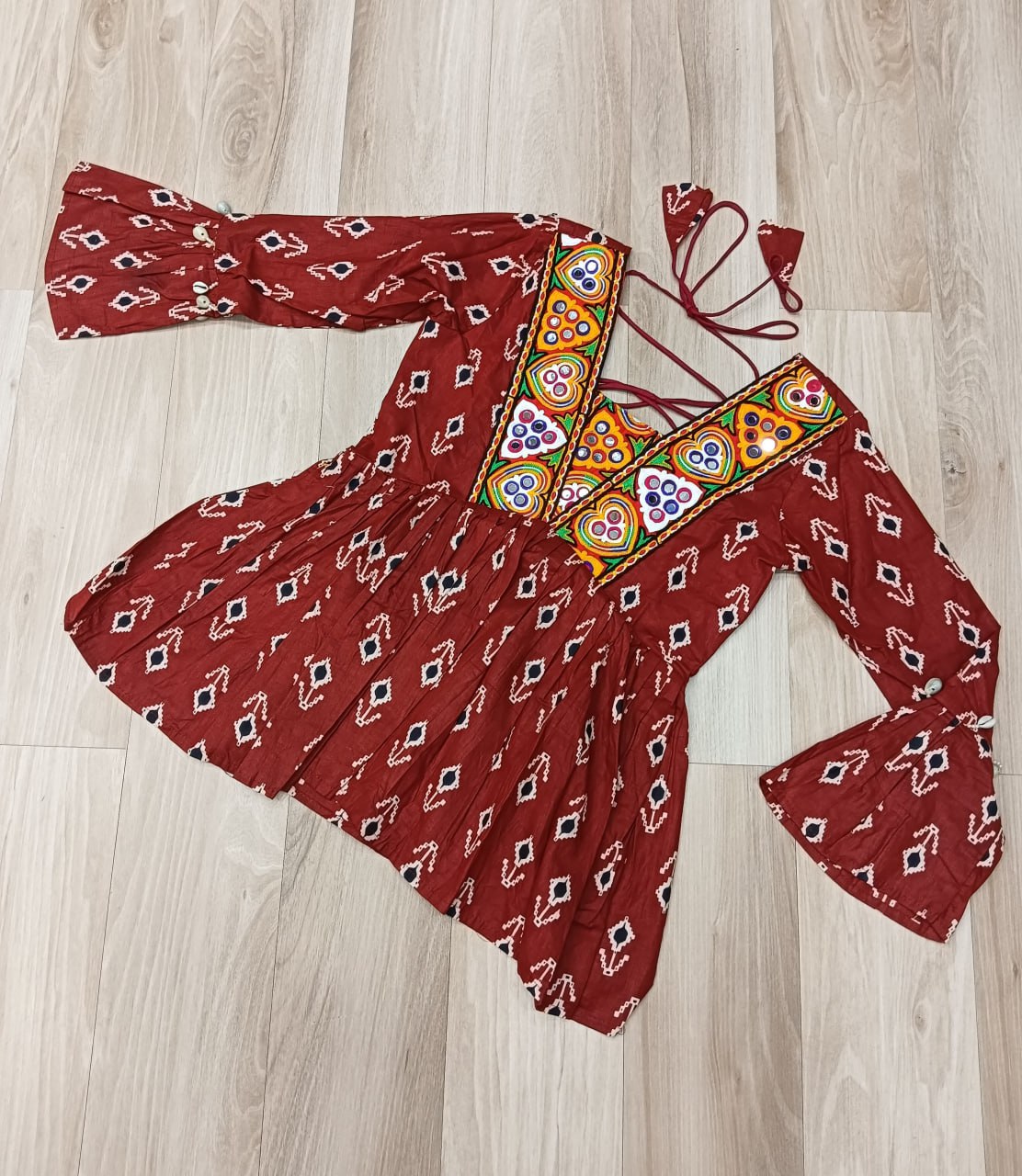 Cotton Kutchi Patch-Work Maroon Top – Full Sleeves | Adjustable Fit | Festive Wear