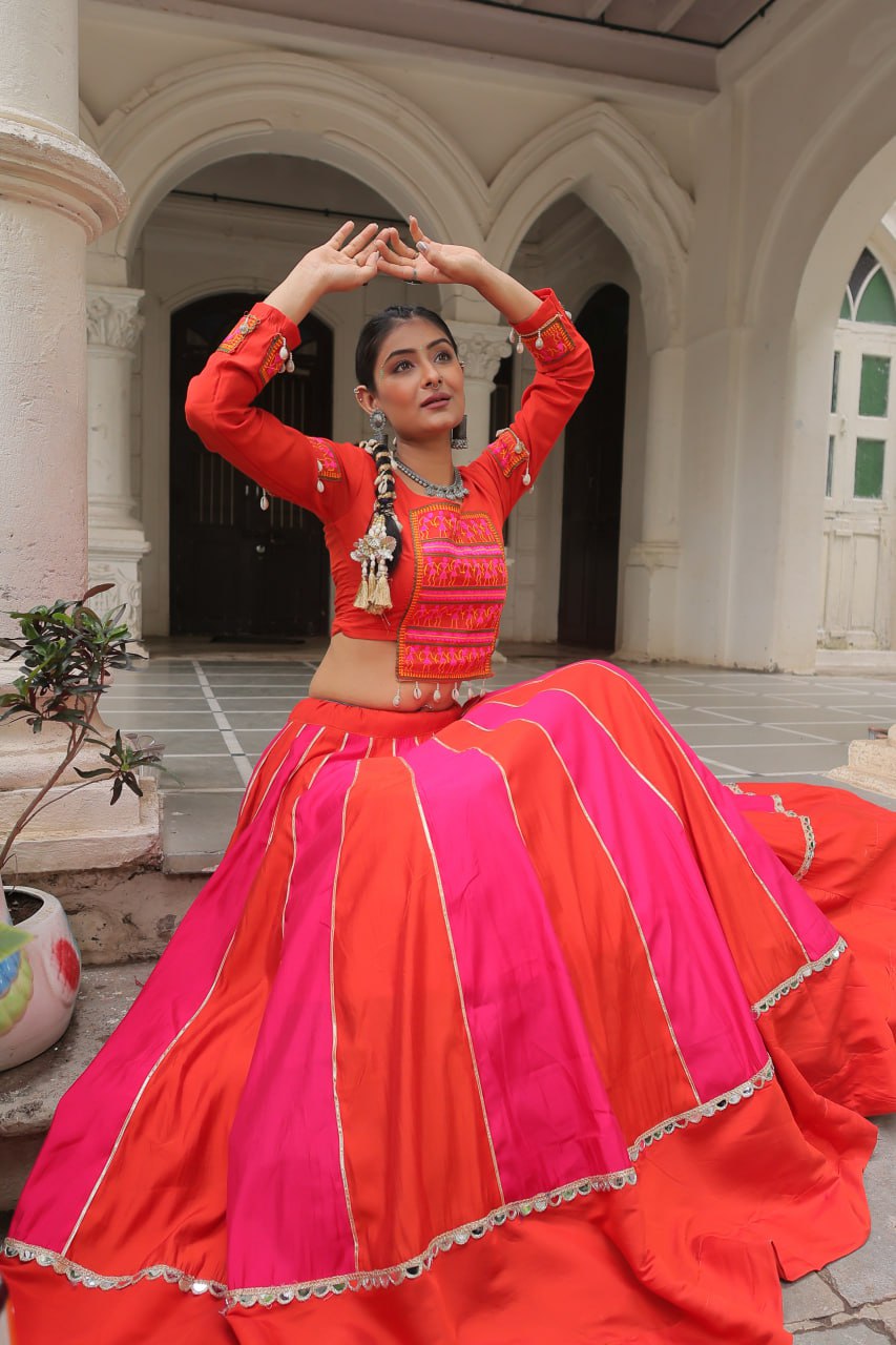 Roman Fabric Lehenga Choli Set with Mirror Lace & Gamthi Embroidered Work (Full-Stitched)