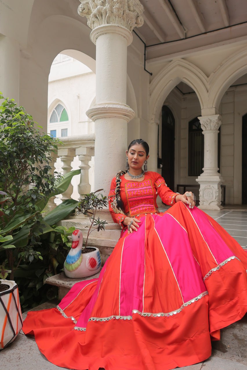 Roman Fabric Lehenga Choli Set with Mirror Lace & Gamthi Embroidered Work (Full-Stitched)