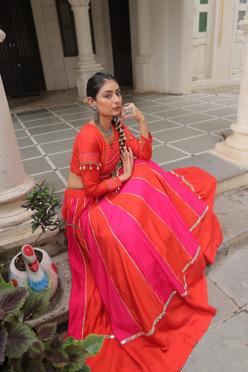 Roman Fabric Lehenga Choli Set with Mirror Lace & Gamthi Embroidered Work (Full-Stitched)