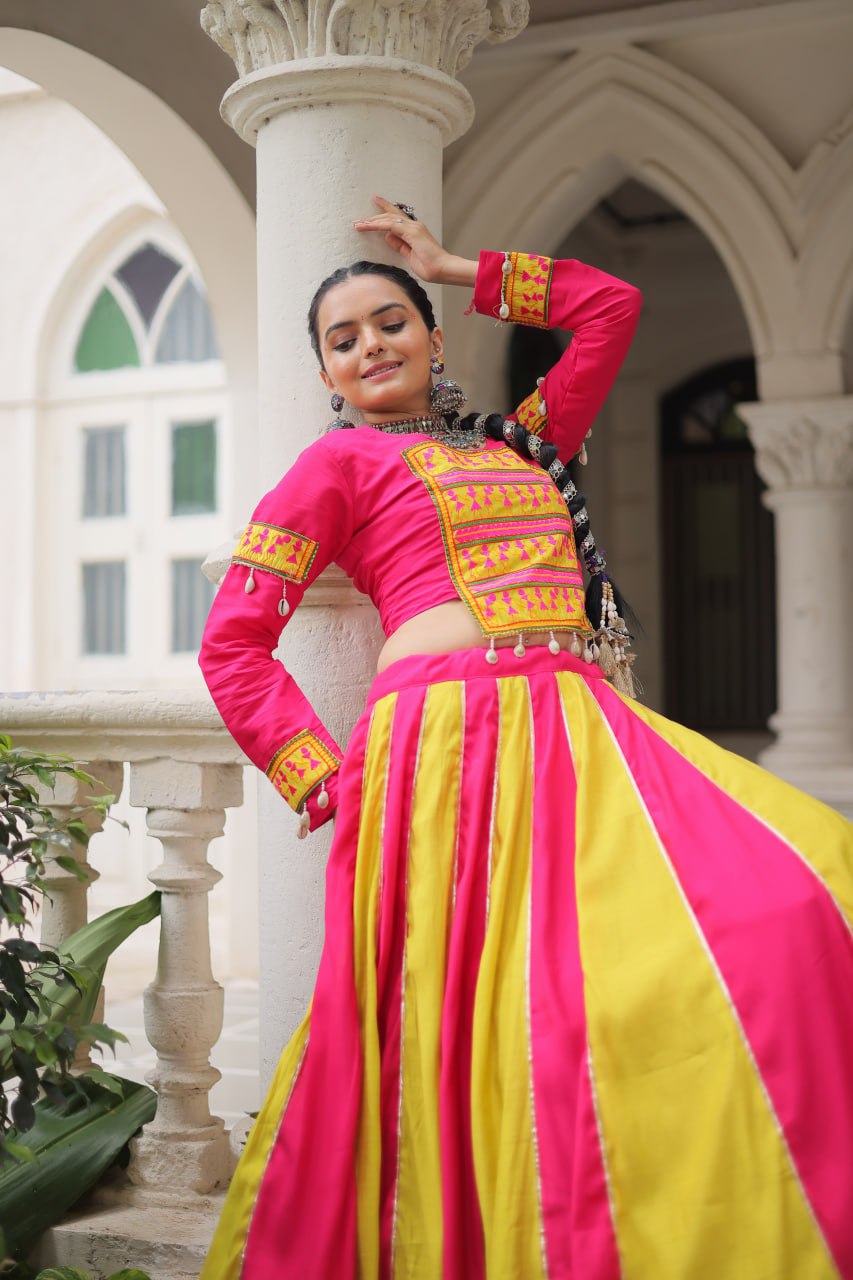 Roman Fabric Pink Lehenga Choli Set with Mirror Lace & Gamthi Embroidered Work (Full-Stitched)