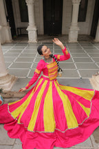 Roman Fabric Pink Lehenga Choli Set with Mirror Lace & Gamthi Embroidered Work (Full-Stitched)