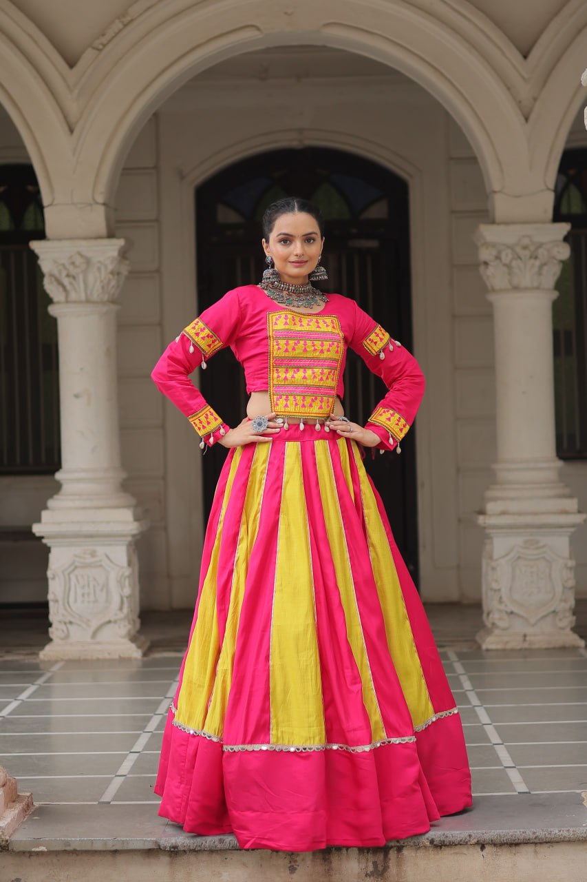 Roman Fabric Pink Lehenga Choli Set with Mirror Lace & Gamthi Embroidered Work (Full-Stitched)