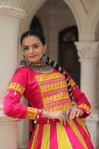 Roman Fabric Pink Lehenga Choli Set with Mirror Lace & Gamthi Embroidered Work (Full-Stitched)