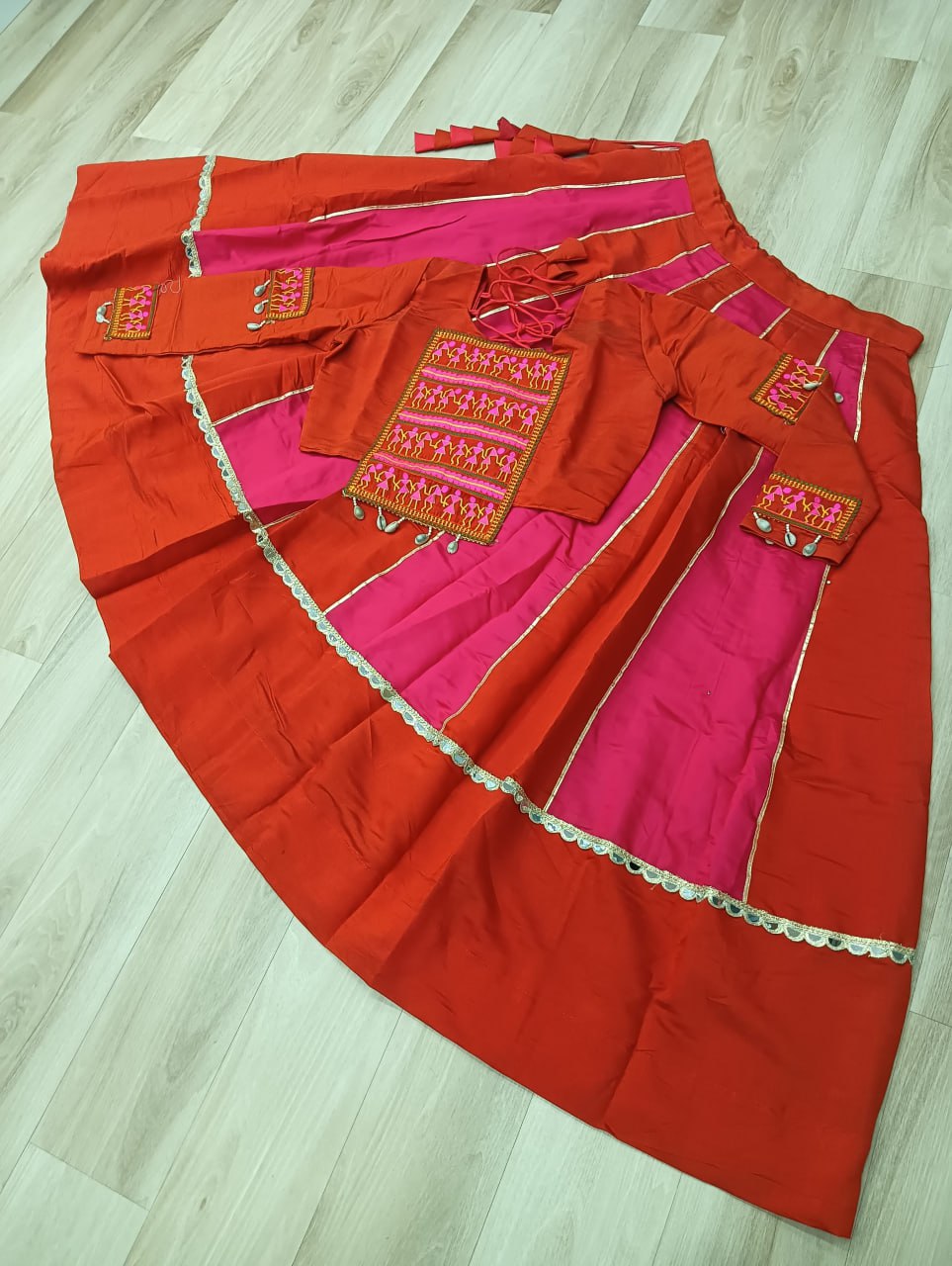 Roman Fabric Pink Lehenga Choli Set with Mirror Lace & Gamthi Embroidered Work (Full-Stitched)