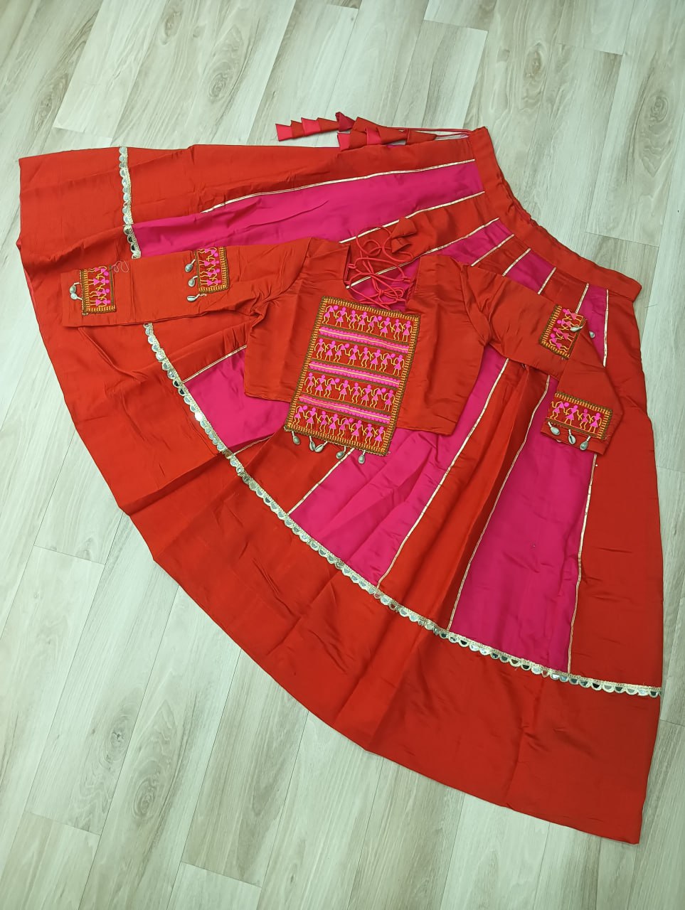 Roman Fabric Lehenga Choli Set with Mirror Lace & Gamthi Embroidered Work (Full-Stitched)